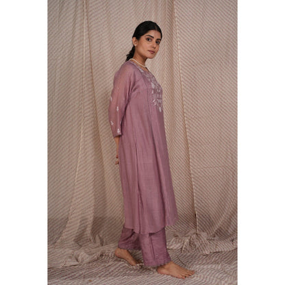 PANTS AND PAJAMAS Lilac Chikan Chanderi Mul Kurta & Cotton Silk Pant (Set of 2)