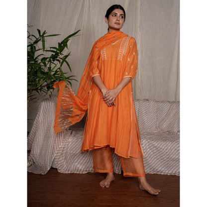 PANTS AND PAJAMAS Orange Chikan Chanderi Mull Kurta & Cotton Silk Pant (Set of 2)