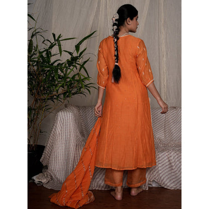 PANTS AND PAJAMAS Orange Chikan Chanderi Mull Kurta & Cotton Silk Pant (Set of 2)
