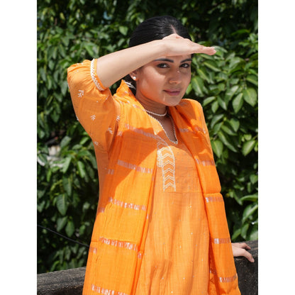 PANTS AND PAJAMAS Orange Chikan Chanderi Mull Kurta & Cotton Silk Pant (Set of 2)