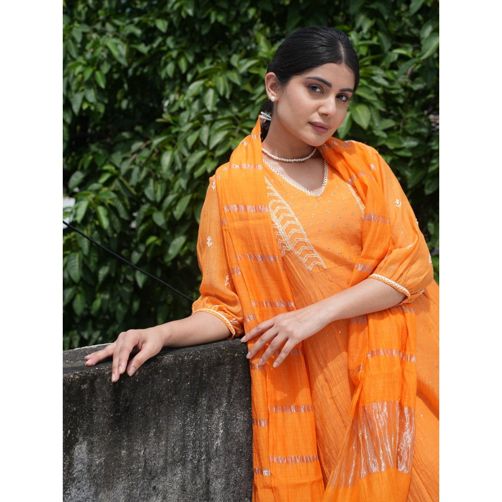 PANTS AND PAJAMAS Orange Chikan Chanderi Mull Kurta & Cotton Silk Pant (Set of 2)