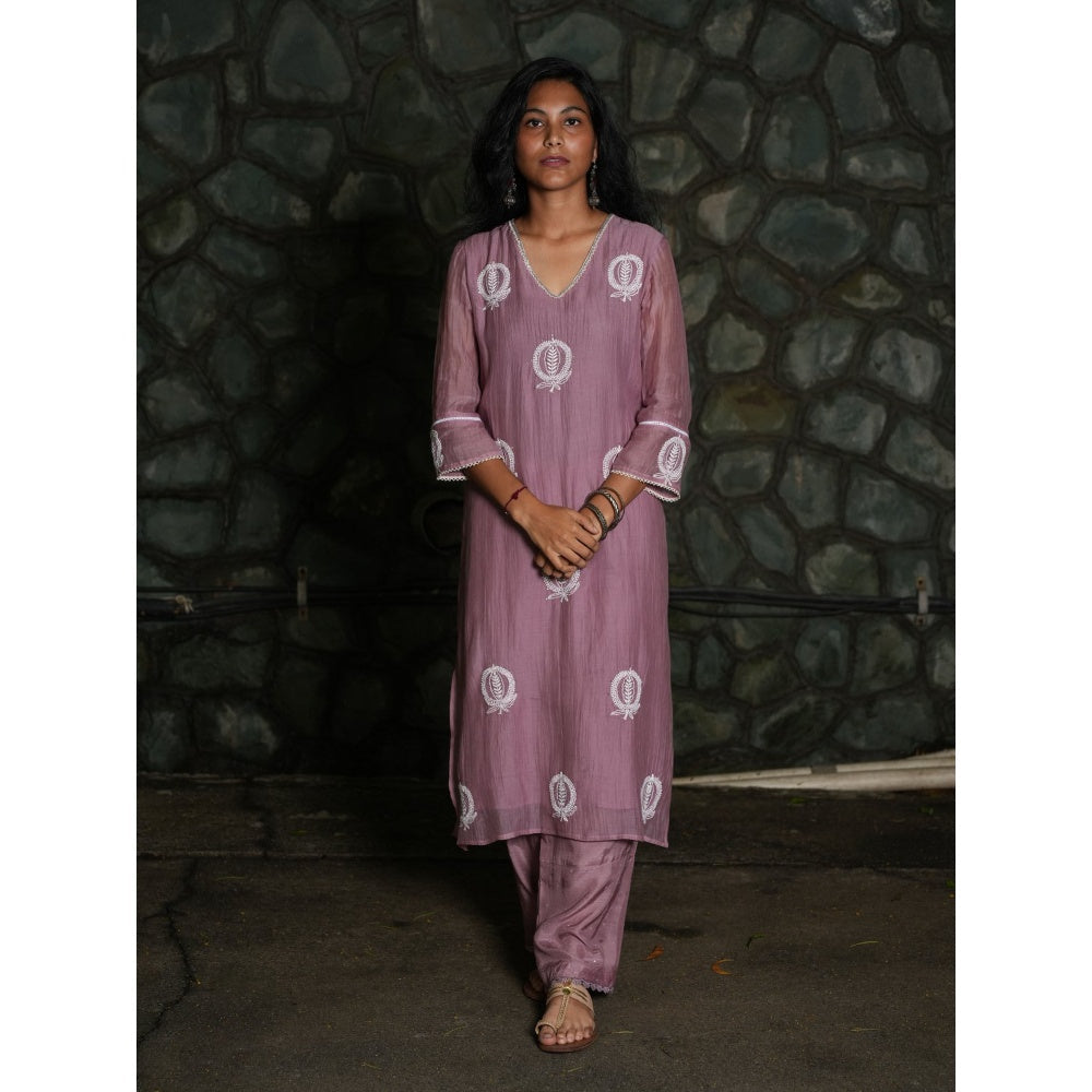 PANTS AND PAJAMAS Lilac Chikan Chanderi Mull Kurta & Cotton Silk Pant (Set of 2)