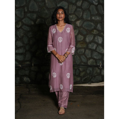 PANTS AND PAJAMAS Lilac Chikan Chanderi Mull Kurta & Cotton Silk Pant (Set of 2)