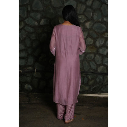 PANTS AND PAJAMAS Lilac Chikan Chanderi Mull Kurta & Cotton Silk Pant (Set of 2)