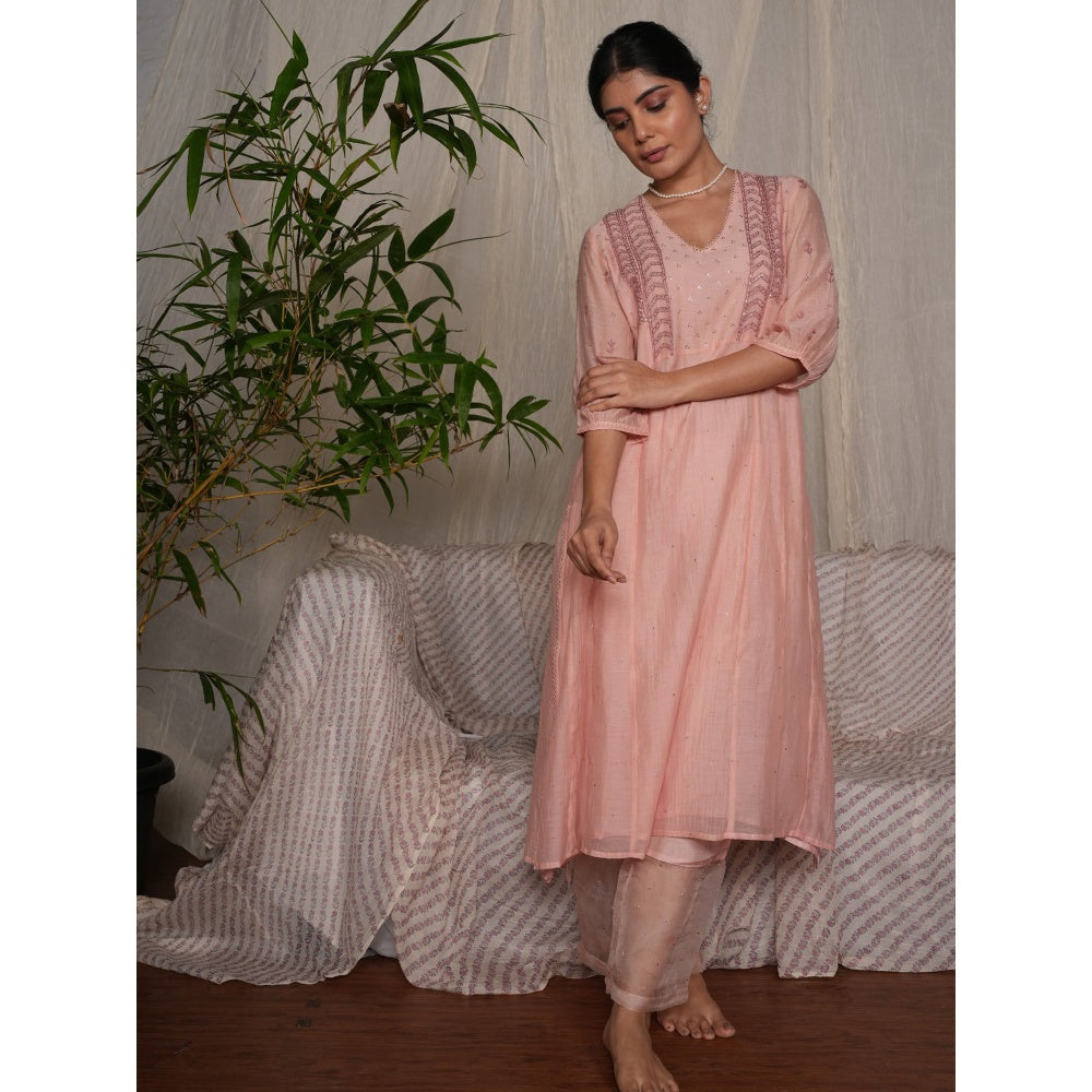 PANTS AND PAJAMAS Blushpink Chikan Chanderi Mull Kurta