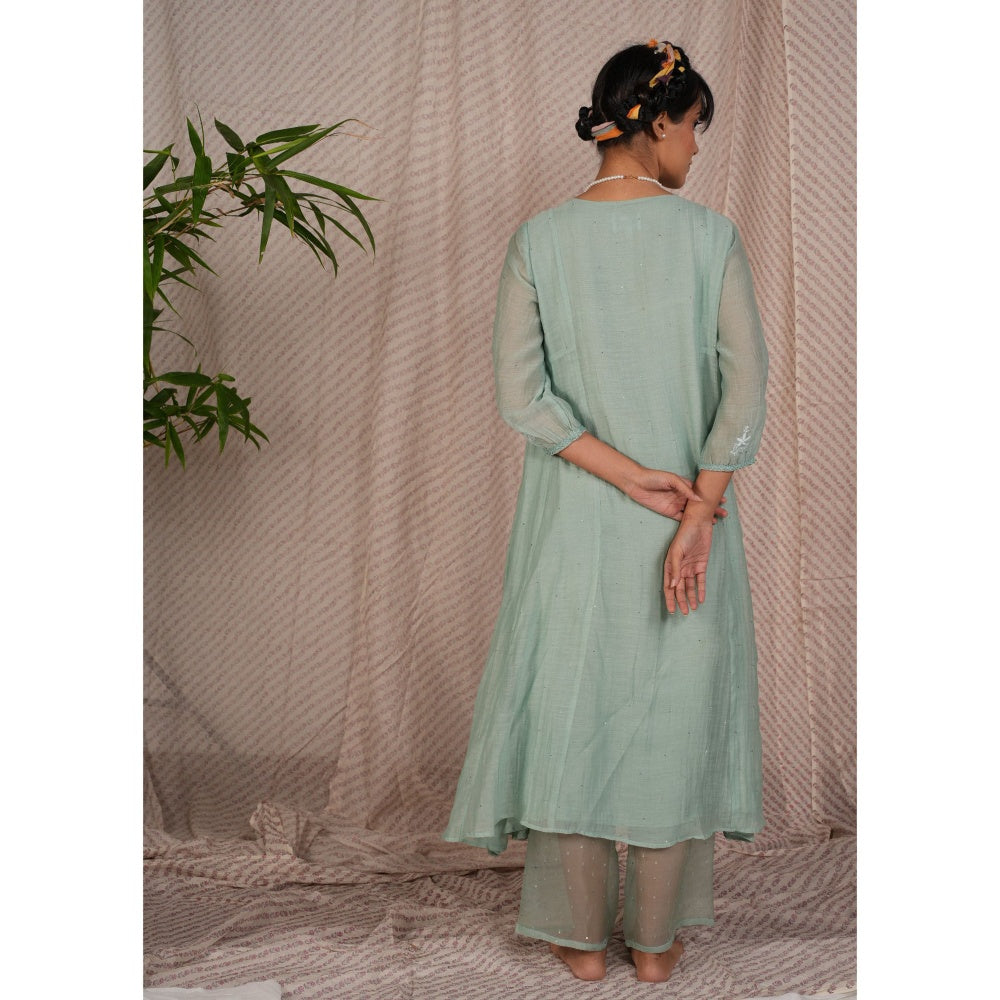 PANTS AND PAJAMAS Aqua Chikan Chanderi Mull Kurta