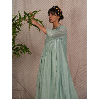PANTS AND PAJAMAS Aqua Chikan Chanderi Mull Kurta