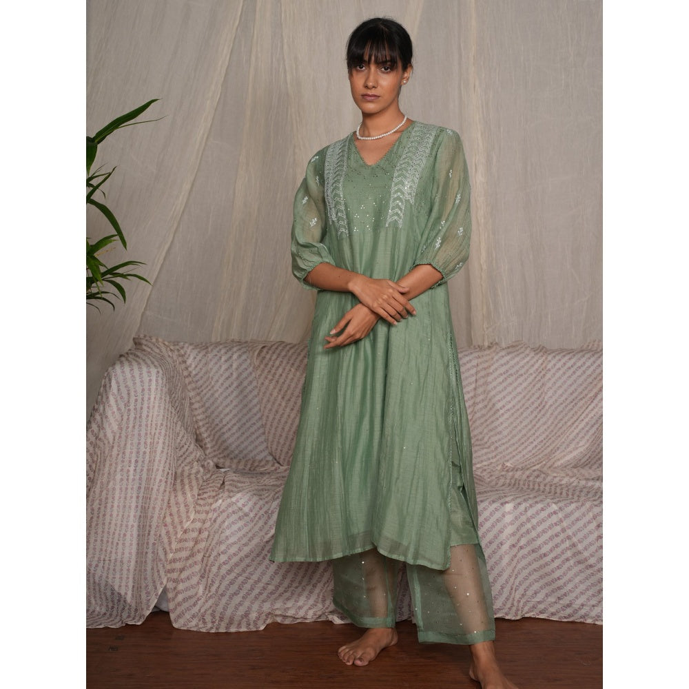 PANTS AND PAJAMAS Moss Green Chikan Chanderi Mull Kurta
