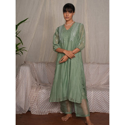 PANTS AND PAJAMAS Moss Green Chikan Chanderi Mull Kurta