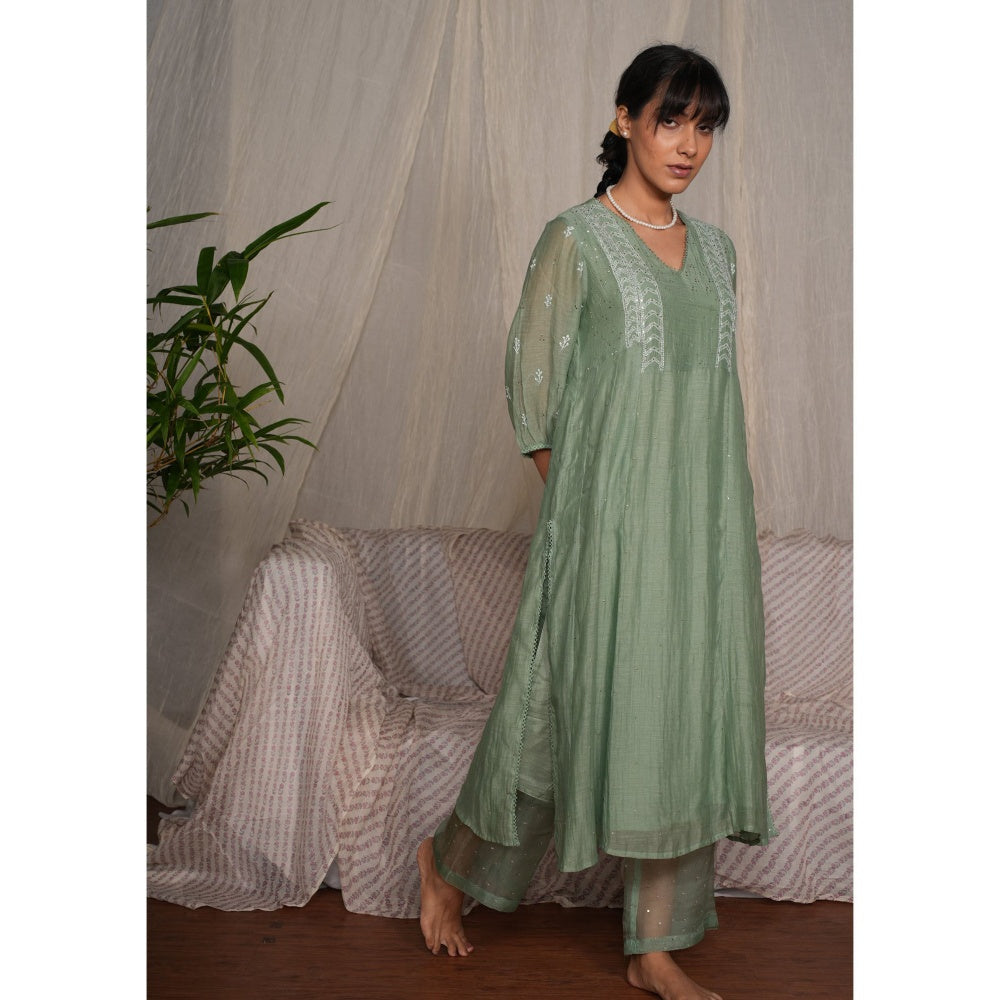 PANTS AND PAJAMAS Moss Green Chikan Chanderi Mull Kurta