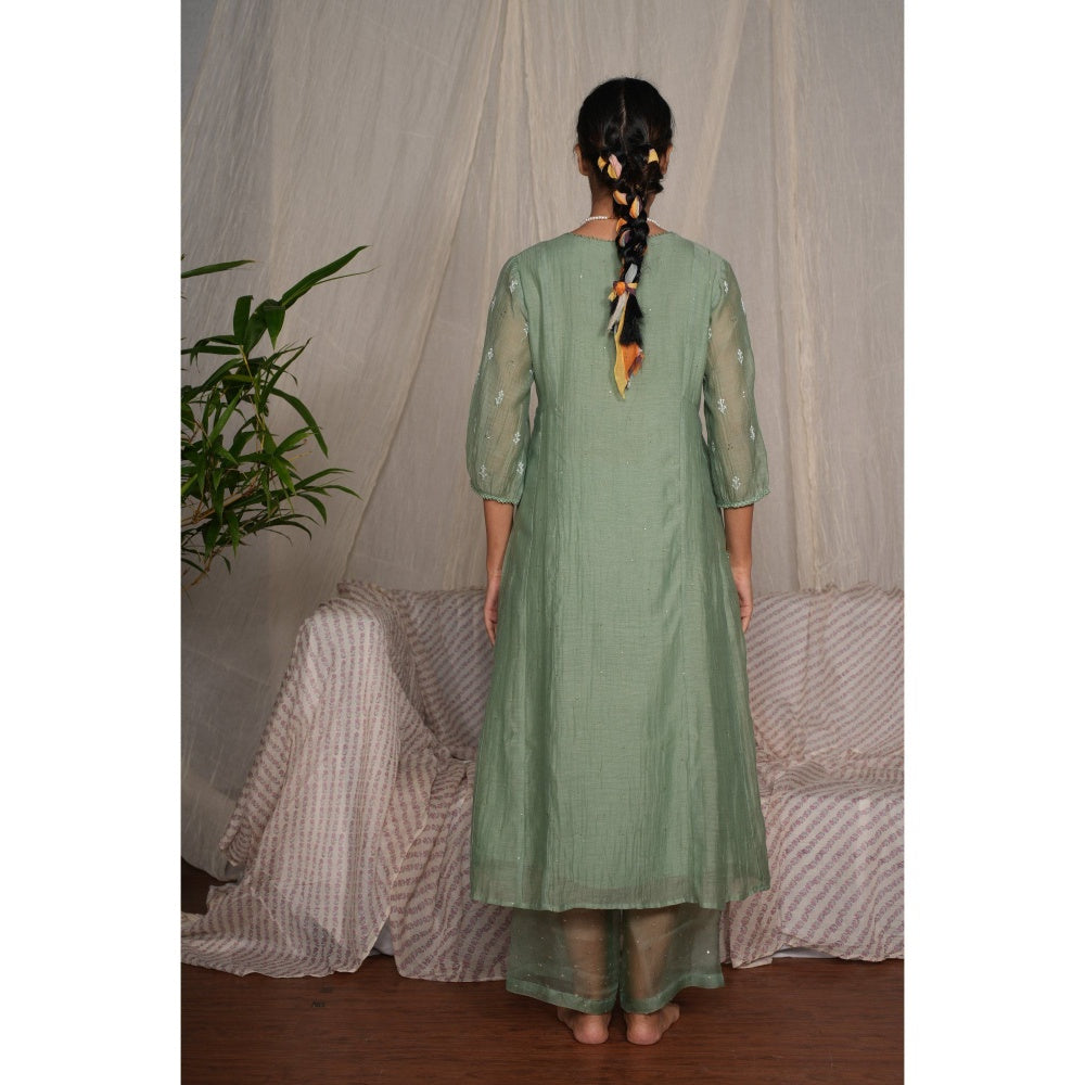 PANTS AND PAJAMAS Moss Green Chikan Chanderi Mull Kurta