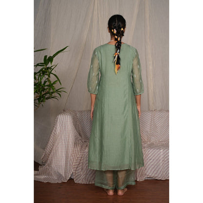 PANTS AND PAJAMAS Moss Green Chikan Chanderi Mull Kurta
