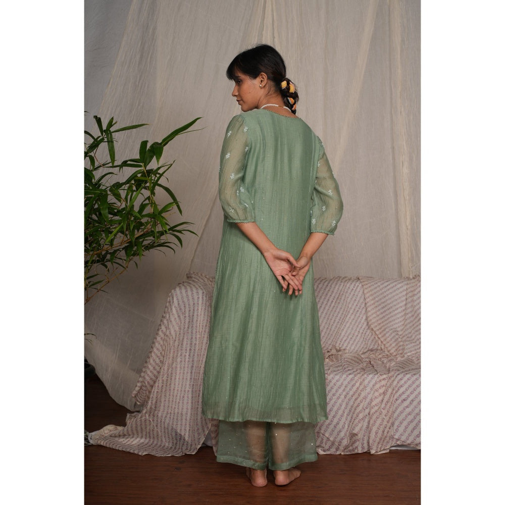 PANTS AND PAJAMAS Moss Green Chikan Chanderi Mull Kurta