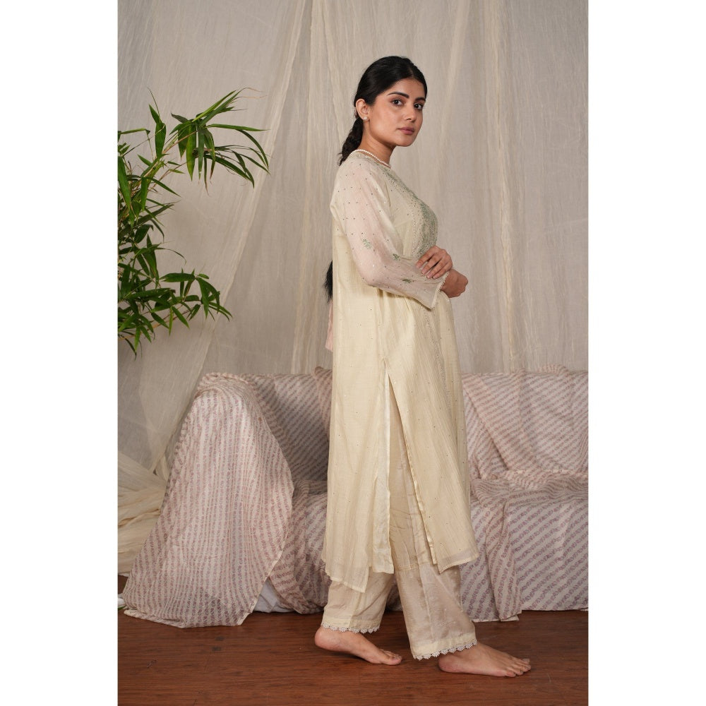 PANTS AND PAJAMAS Sege Cream Chikan Chanderi Mul Kurta