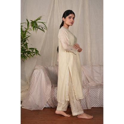 PANTS AND PAJAMAS Sege Cream Chikan Chanderi Mul Kurta