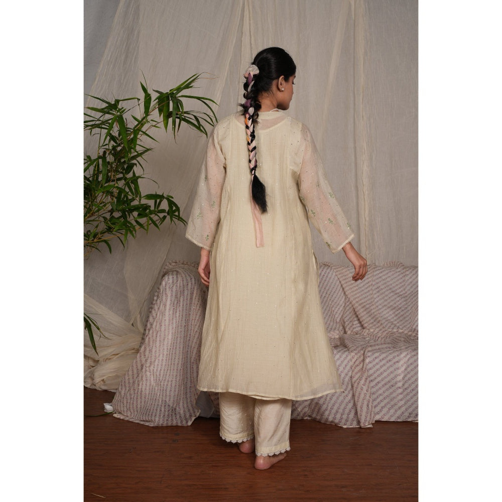 PANTS AND PAJAMAS Sege Cream Chikan Chanderi Mul Kurta