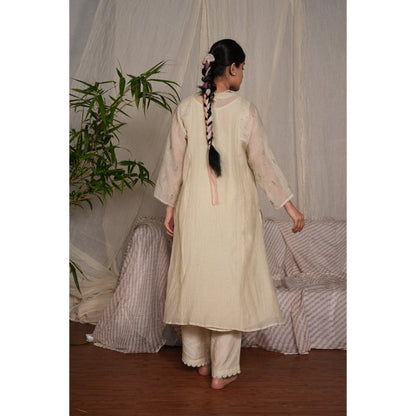 PANTS AND PAJAMAS Sege Cream Chikan Chanderi Mul Kurta