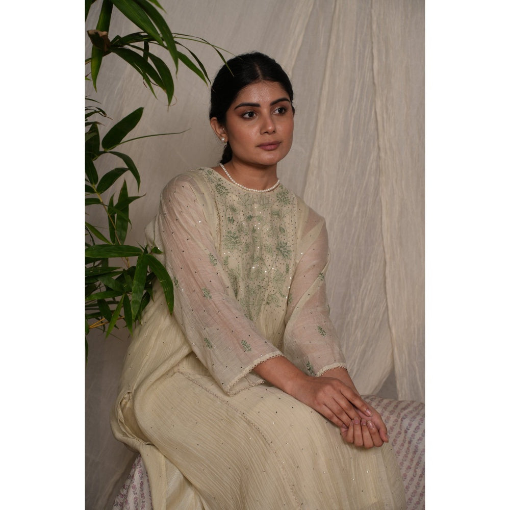 PANTS AND PAJAMAS Sege Cream Chikan Chanderi Mul Kurta