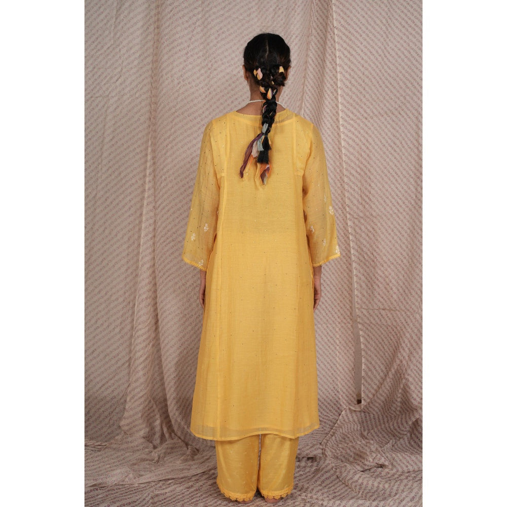 PANTS AND PAJAMAS Yellow Chikan Chanderi Mul Kurta
