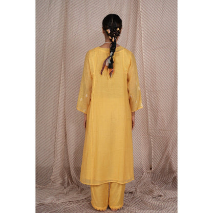 PANTS AND PAJAMAS Yellow Chikan Chanderi Mul Kurta