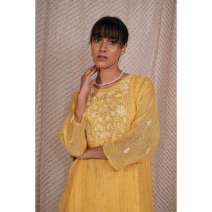 PANTS AND PAJAMAS Yellow Chikan Chanderi Mul Kurta