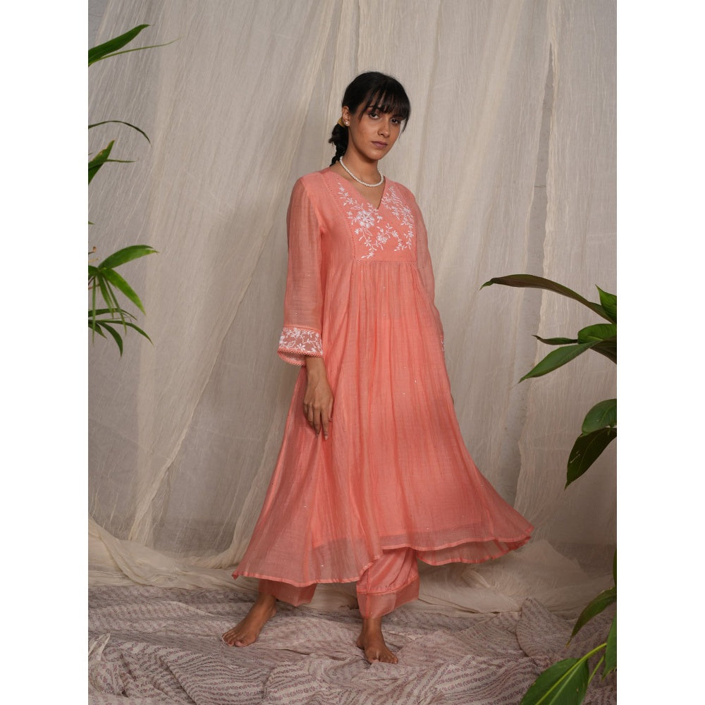 PANTS AND PAJAMAS Peach Chikan Chanderi Mull Kurta