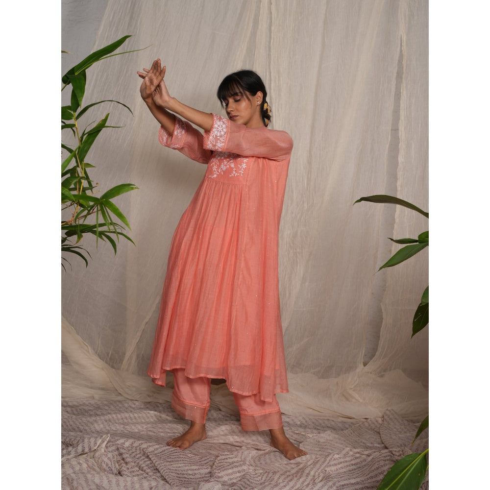 PANTS AND PAJAMAS Peach Chikan Chanderi Mull Kurta