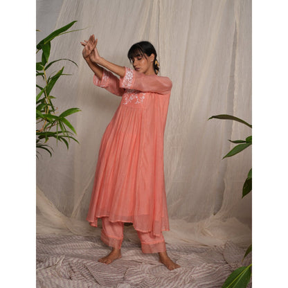 PANTS AND PAJAMAS Peach Chikan Chanderi Mull Kurta