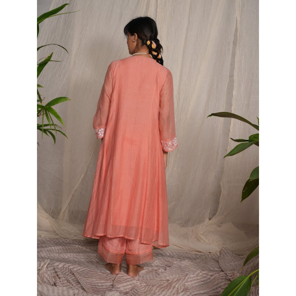 PANTS AND PAJAMAS Peach Chikan Chanderi Mull Kurta