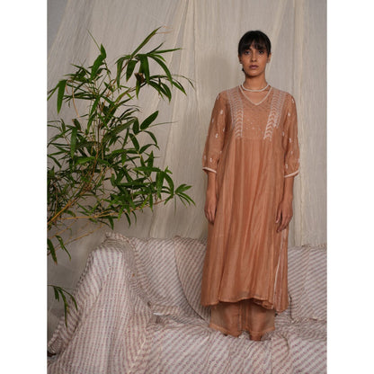 PANTS AND PAJAMAS Beige Chikan Chanderi Mull Kurta