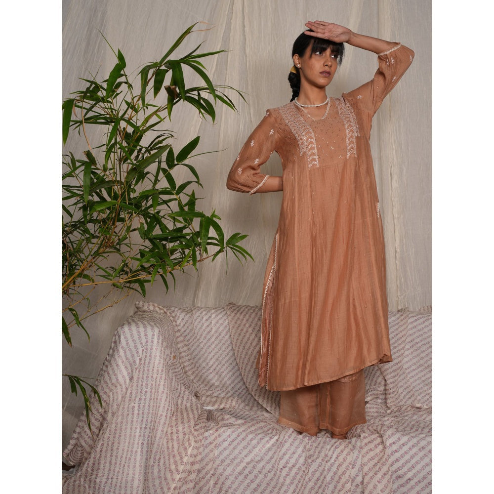 PANTS AND PAJAMAS Beige Chikan Chanderi Mull Kurta