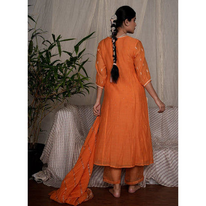 PANTS AND PAJAMAS Orange Chikan Chanderi Mull Kurta
