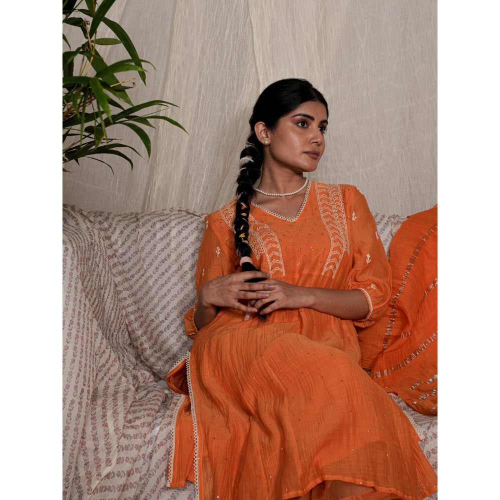 PANTS AND PAJAMAS Orange Chikan Chanderi Mull Kurta