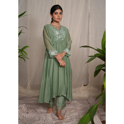 PANTS AND PAJAMAS Moss Green Chikan Chanderi Mull Kurta