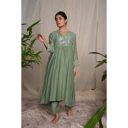PANTS AND PAJAMAS Moss Green Chikan Chanderi Mull Kurta