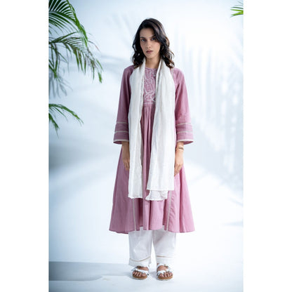PANTS AND PAJAMAS Mauve White Chikan Chanderi Dupatta