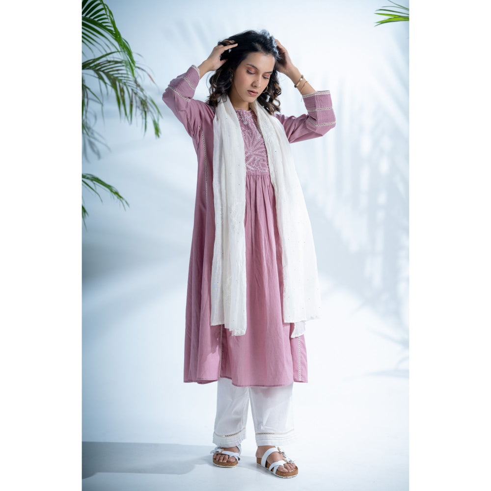 PANTS AND PAJAMAS Mauve White Chikan Chanderi Dupatta