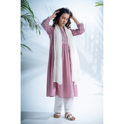 PANTS AND PAJAMAS Mauve White Chikan Chanderi Dupatta