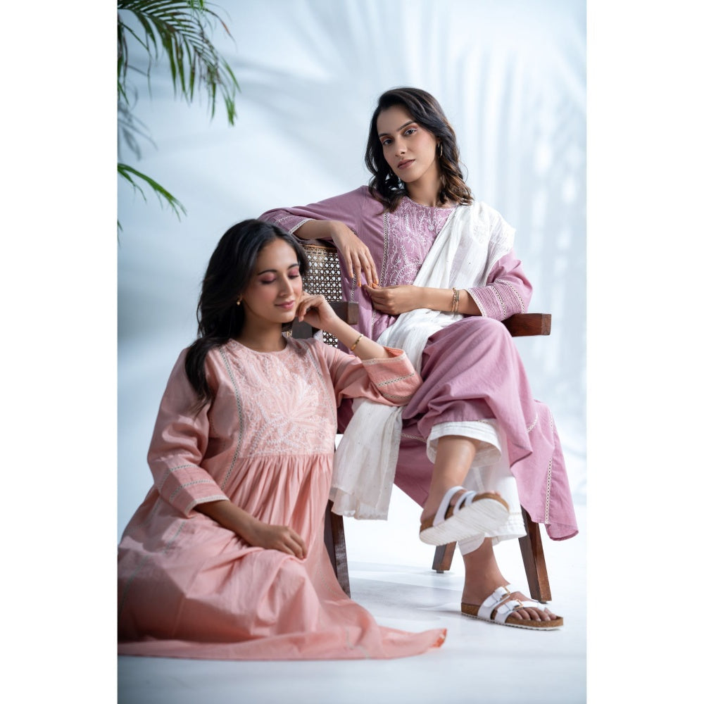 PANTS AND PAJAMAS Mauve White Chikan Chanderi Dupatta