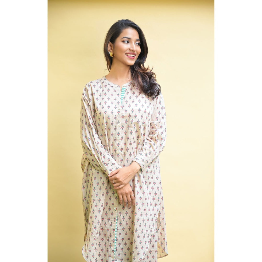 PANTS AND PAJAMAS Kai Beige Block Printed in Cotton Tunic Shirt and Cotton Bottom (Set of 2)