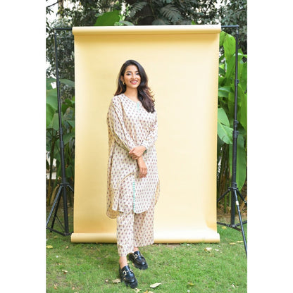 PANTS AND PAJAMAS Kai Beige Block Printed Cotton Tunic Shirt