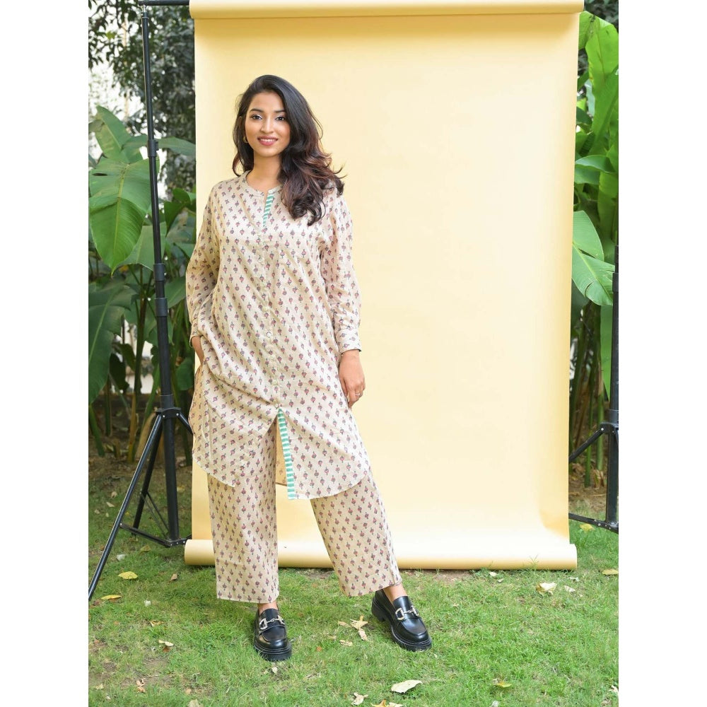 PANTS AND PAJAMAS Kai Beige Block Printed Cotton Tunic Shirt