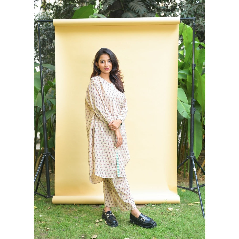 PANTS AND PAJAMAS Kai Beige Block Printed Cotton Tunic Shirt