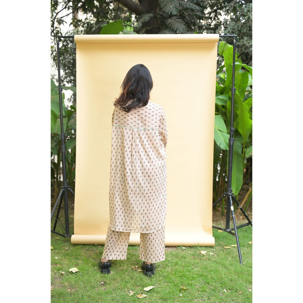 PANTS AND PAJAMAS Kai Beige Block Printed Cotton Tunic Shirt