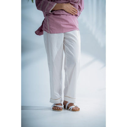PANTS AND PAJAMAS Mauve Lilac Chikankari in Cotton Kurta, Cotton Bottom (Set of 2)