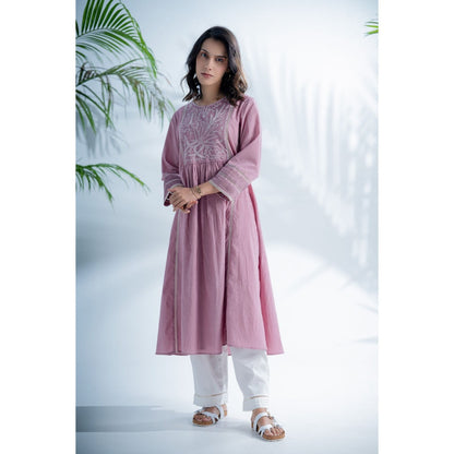 PANTS AND PAJAMAS Mauve Lilac Chikan Cotton Kurta