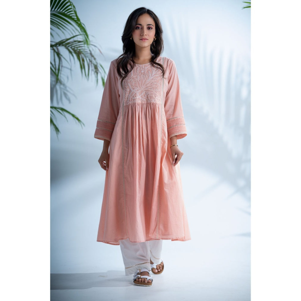 PANTS AND PAJAMAS Rozovo Blush Pink Chikankari in Cotton and Chanderi Dupatta (Set of 3)