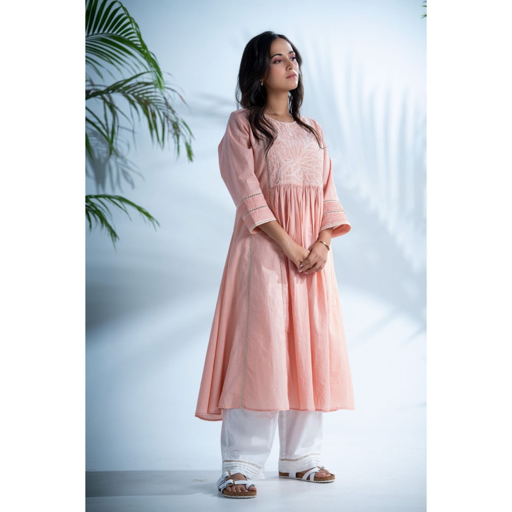 PANTS AND PAJAMAS Rozovo Blush Pink Chikankari in Cotton Kurta and Cotton Bottom (Set of 2)
