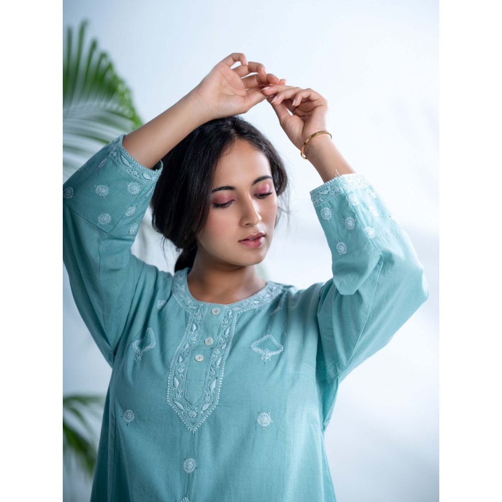 PANTS AND PAJAMAS Misty Aqua Chikankari in Cotton Kurta Bottom and Chanderi Stole (Set of 3)