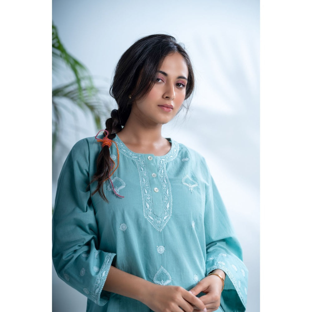 PANTS AND PAJAMAS Misty Aqua Chikankari in Cotton Kurta Bottom and Chanderi Stole (Set of 3)